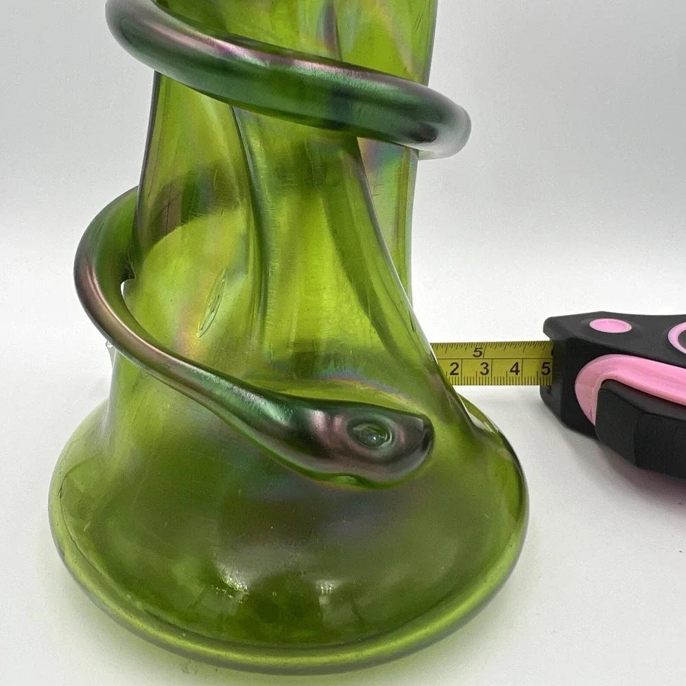 Antique Rindskopf‎ Snake Vase Bohemian Art Glass Olive Iridescent ca.1900